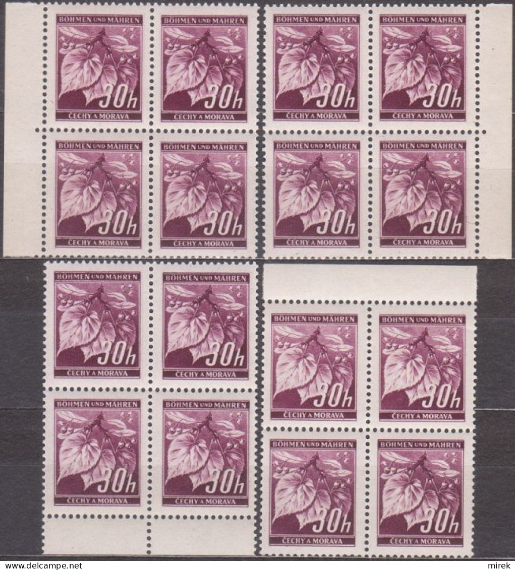 038/ Pof. 24 Dark Violet, Complete Border 4-blocks - Unused Stamps