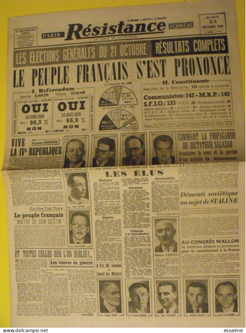 Paris Dernière Résistance N° 367 Du 23 Octobre 1945. élections Référendum Salazar Staline Bidault Pleven - Autres & Non Classés