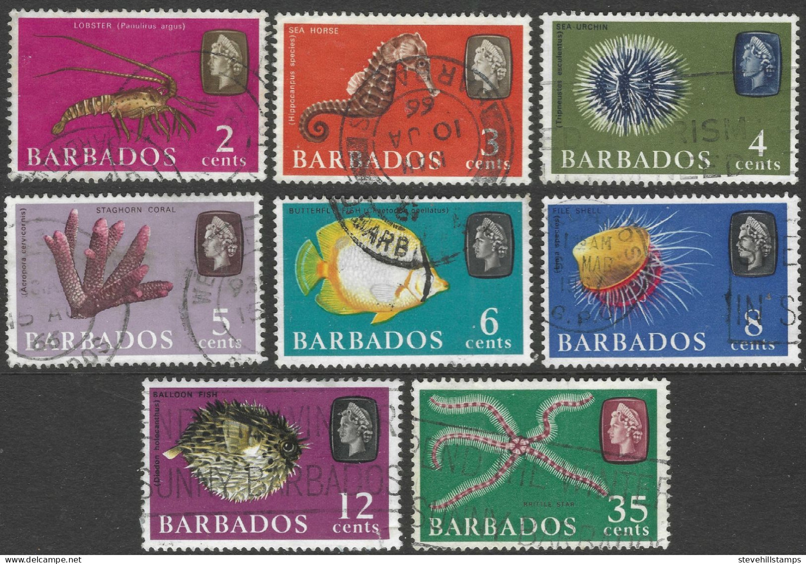 Barbados. 1965 Marine Life. Upright Block CA W/M. 8 Used Values To 35c. SG 323 Etc. M4093 - Barbados (...-1966)