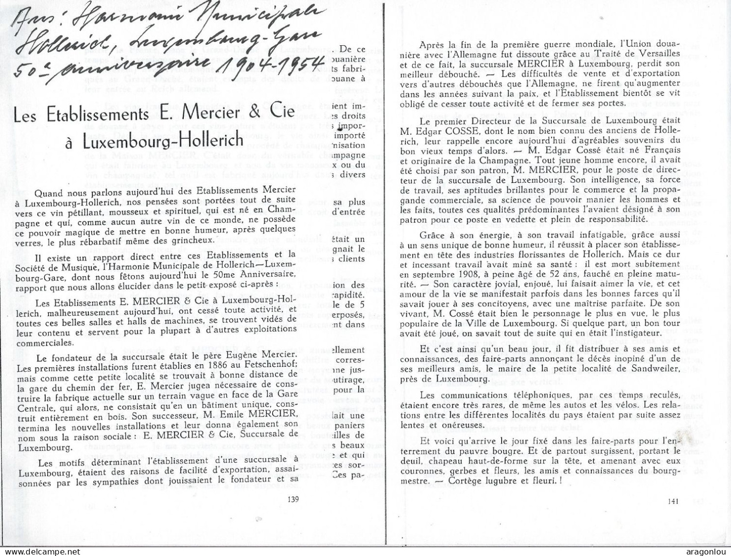 Luxembourg - Luxemburg - LES ETABLISSEMENTS   E.MERCIER & Cie à LUXEMBOURG - HOLLERICH 1904-1954 - Documents Historiques