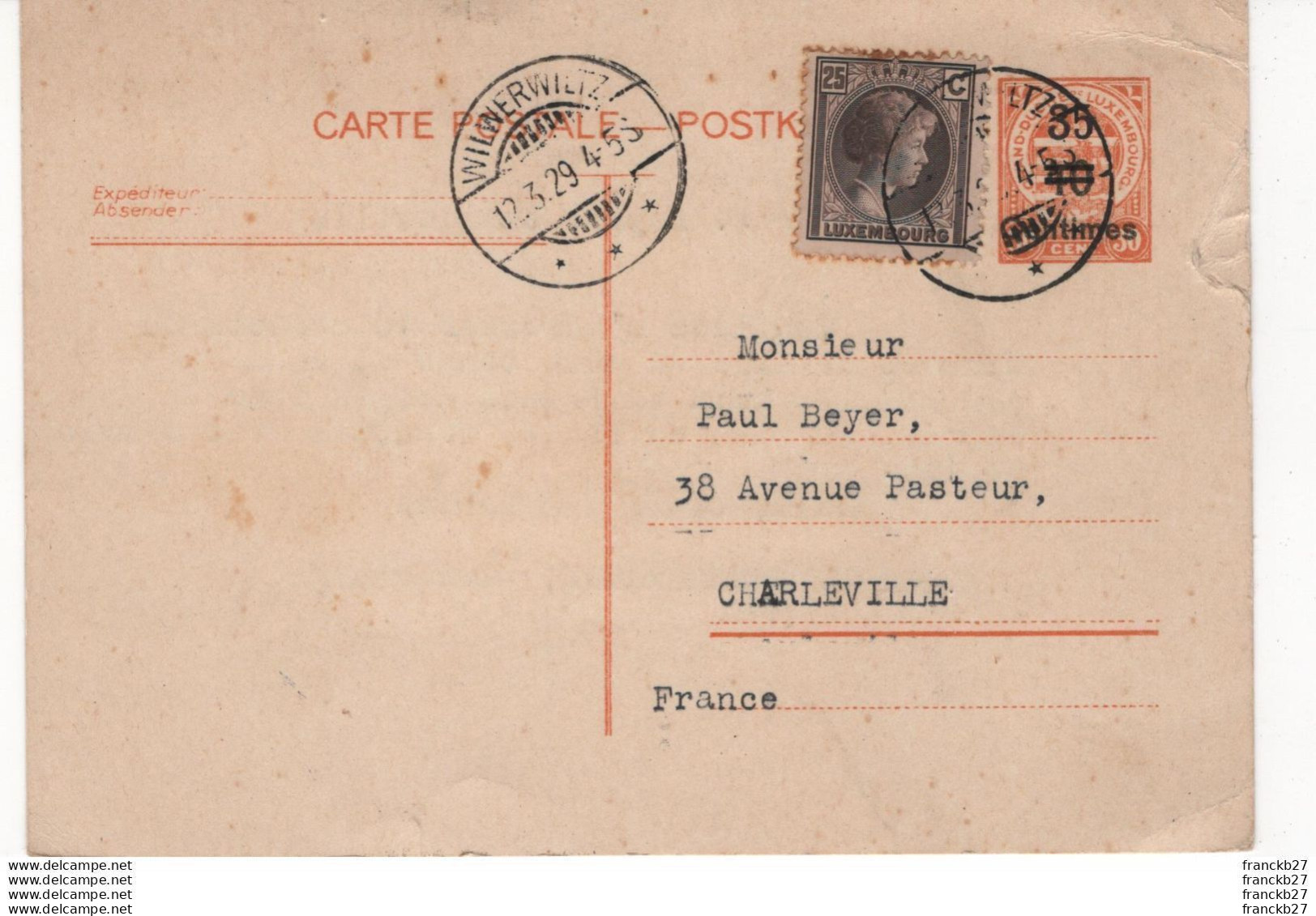 Luxembourg - Entier Postal 30 Cent Avec Surcharge¨+ Timbre Grande Princesse Charlotte - Oblitéré En 1929 à Wilwerwietz - Postwaardestukken