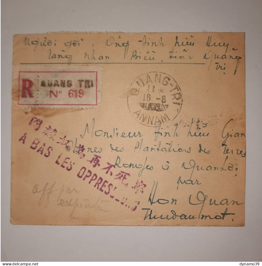 03K6 RARE - ANCIENNE LETTRE ENVELOPPE INDOCHINE 1945 CACHET A BAS LES OPPRESSEURS - Altri - Asia