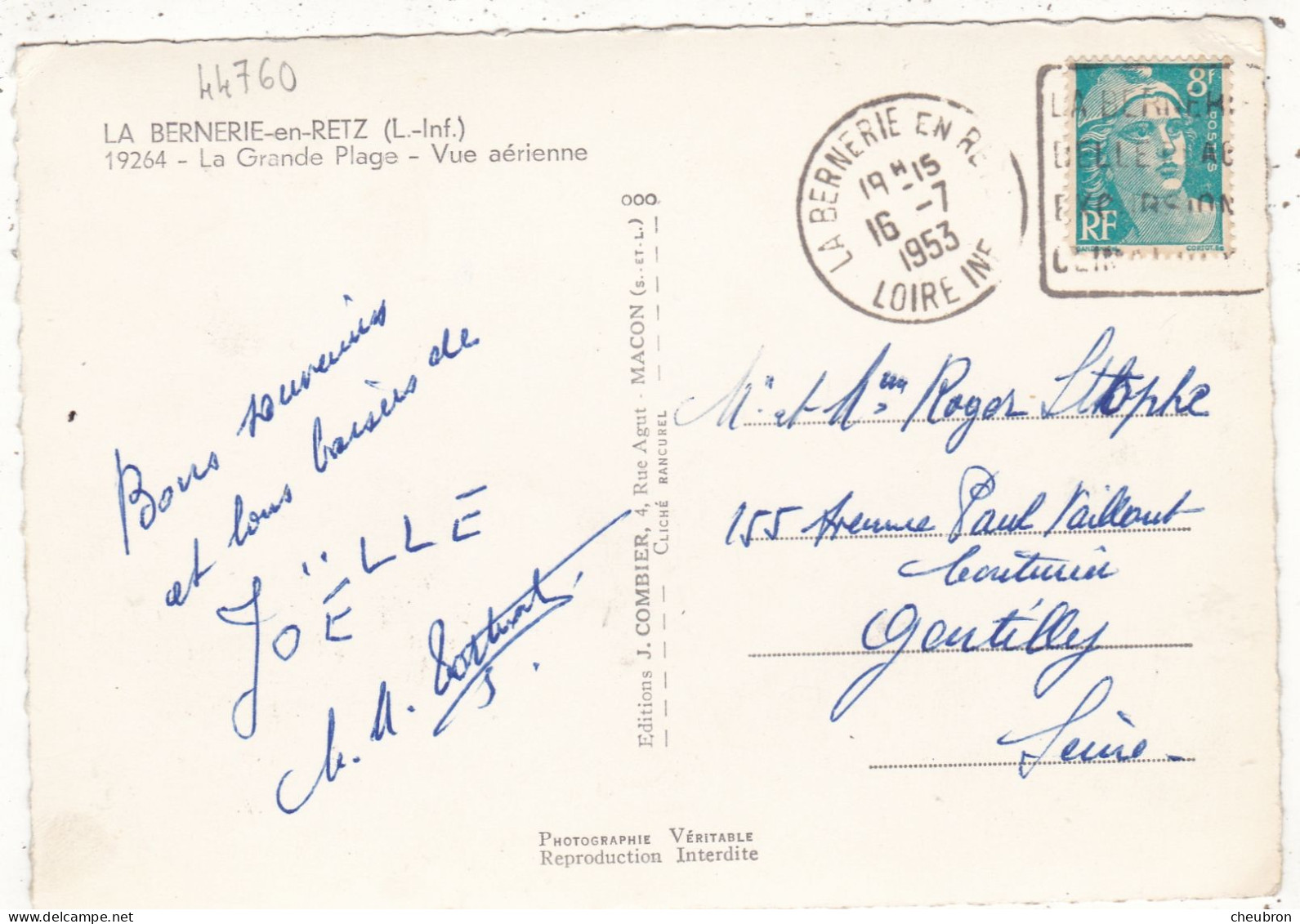 44. LA BERNERIE EN RETZ.  CPA. VUE AÉRIENNE. LA GRANDE PLAGE.. ANNEE 1953 + TEXTE - La Bernerie-en-Retz