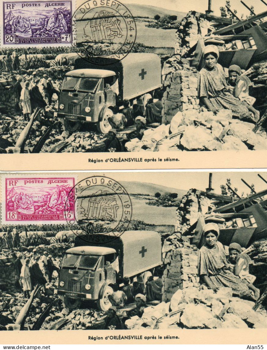 ALGERIE.1954."SEISME/ORLEANSVILLE". "CROIX-ROUGE FRANCAISE-ALGER". . SERIE DE DEUX CARTES MAXIMUM .Y&T 321-322 - Tarjetas – Máxima