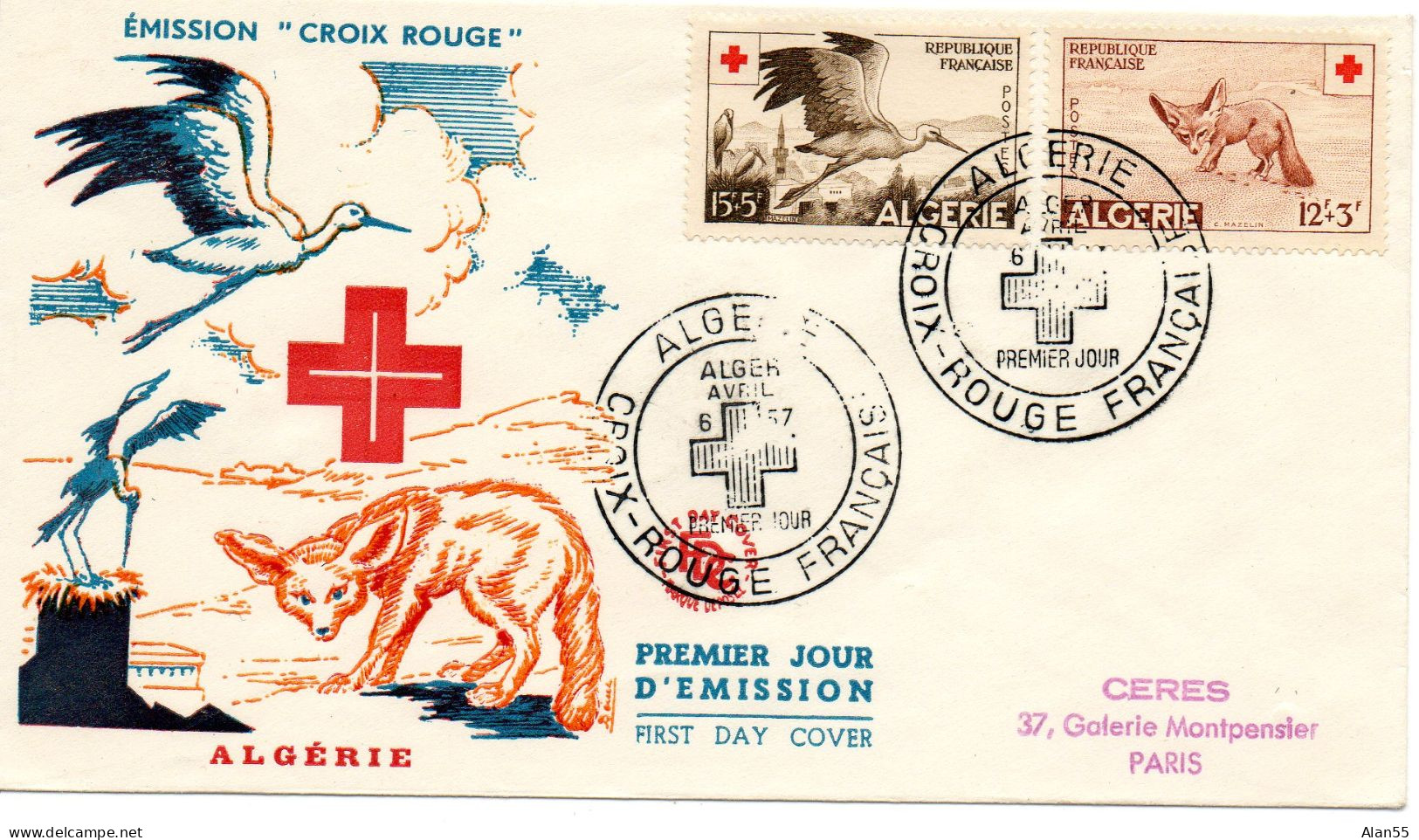 ALGERIE.1957 LETTRE SÉRIE  "CROIX-ROUGE FRANCAISE-ALGERIE". .THEME FAUNE . Y&T 343-344 - FDC