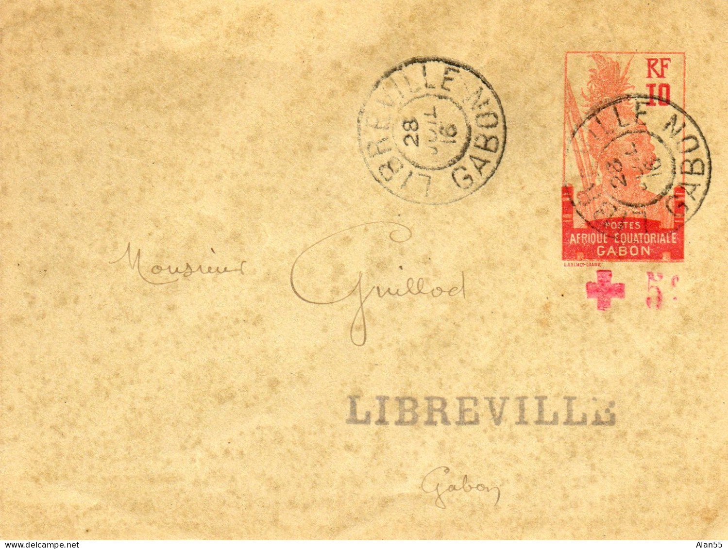 GABON.1916. ENTIER POSTAL SURCHARGE "CROIX-ROUGE" AYANT CIRCULE. - Lettres & Documents