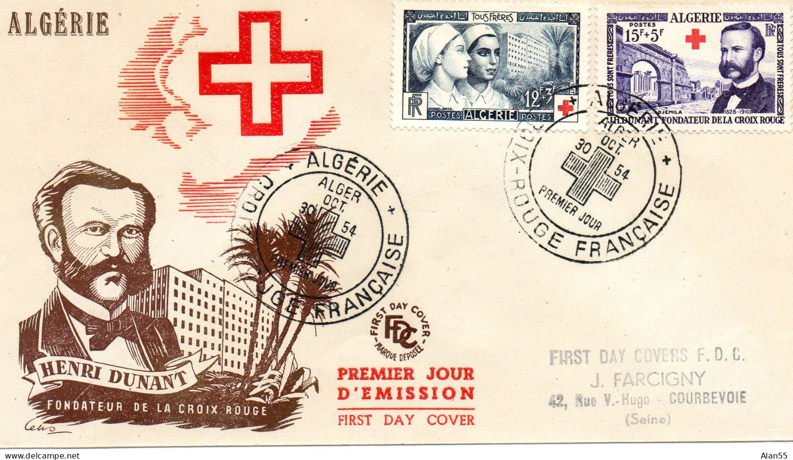 ALGERIE.1954."CROIX-ROUGE FRANCAISE-ALGERIE". »HENRI DUNANT - INFIRMIERE » .Y&T 316-317 - FDC