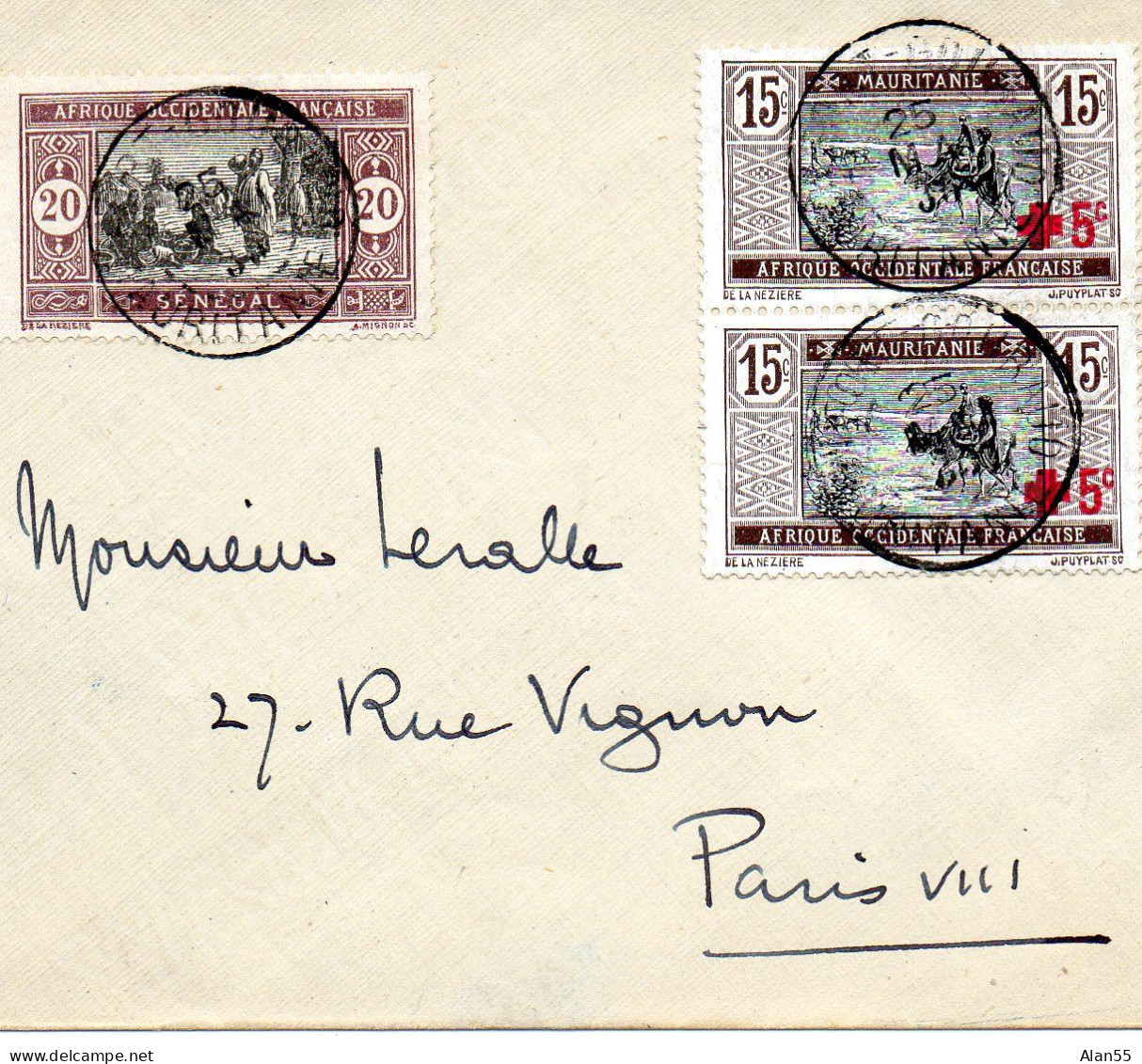 AOF-SENEGAL-MAURITANIE.1935.  LETTRE AFFRANCHISSEMENT MIXTE/CROIX-ROUGE - Rotes Kreuz