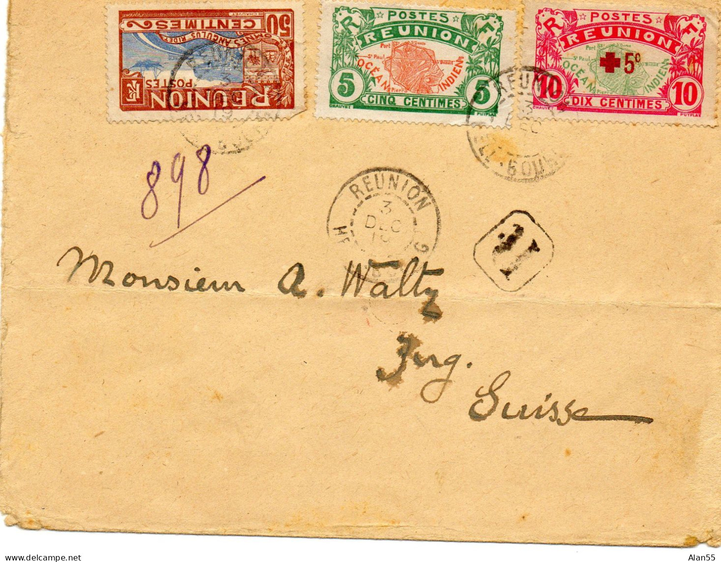 REUNION.1919.L.R. AFFRANCHISSEMENT DONT CROIX-ROUGE POUR LA SUISSE. - Croix-Rouge