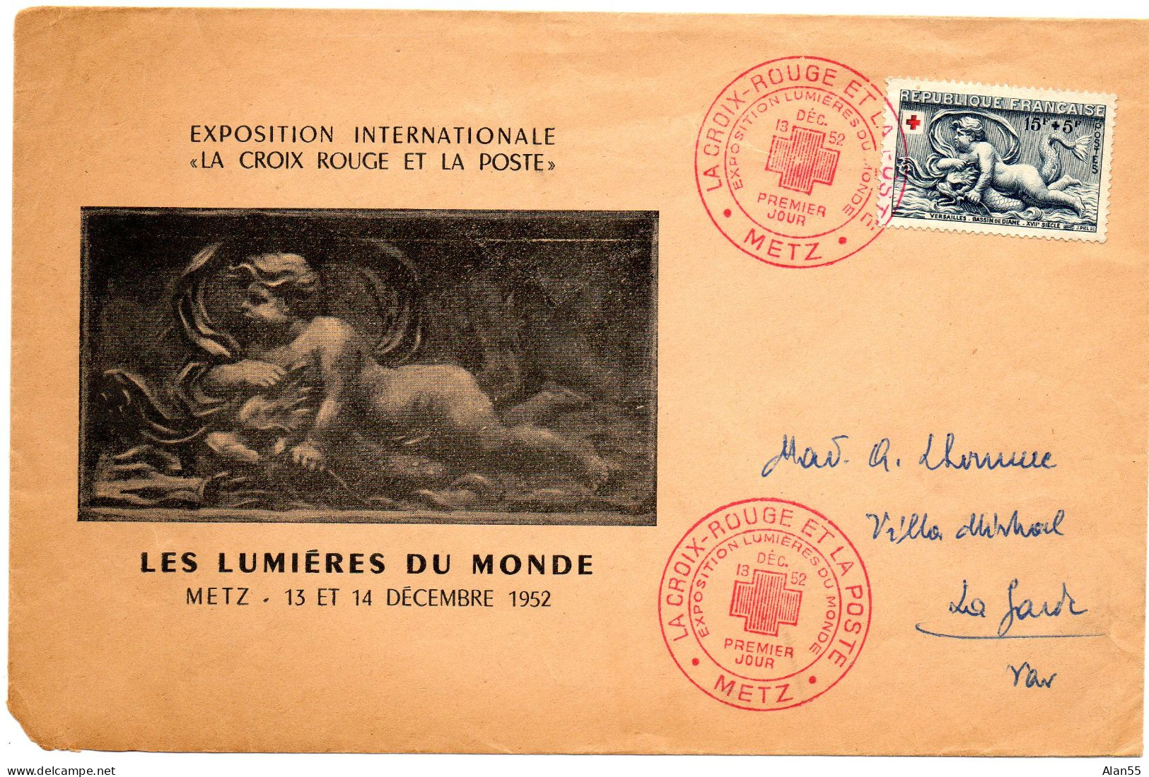 FRANCE.1952.  LETTRE  "LUMIERES DU MONDE".CROIX-ROUGE METZ.VARIETE CROIX-ROUGE. - Croix Rouge