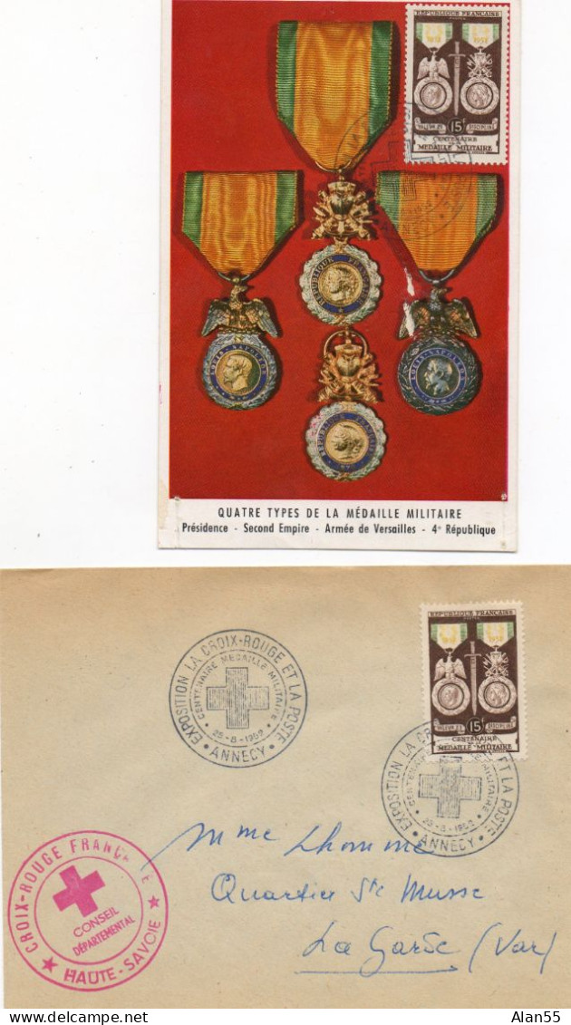 FRANCE.1952. «  MEDAILLE MILITAIRE »."CROIX-ROUGE ET LA POSTE".ANNECY. 1 LETTRE + 1 CARTE MAXIMUM - Rotes Kreuz