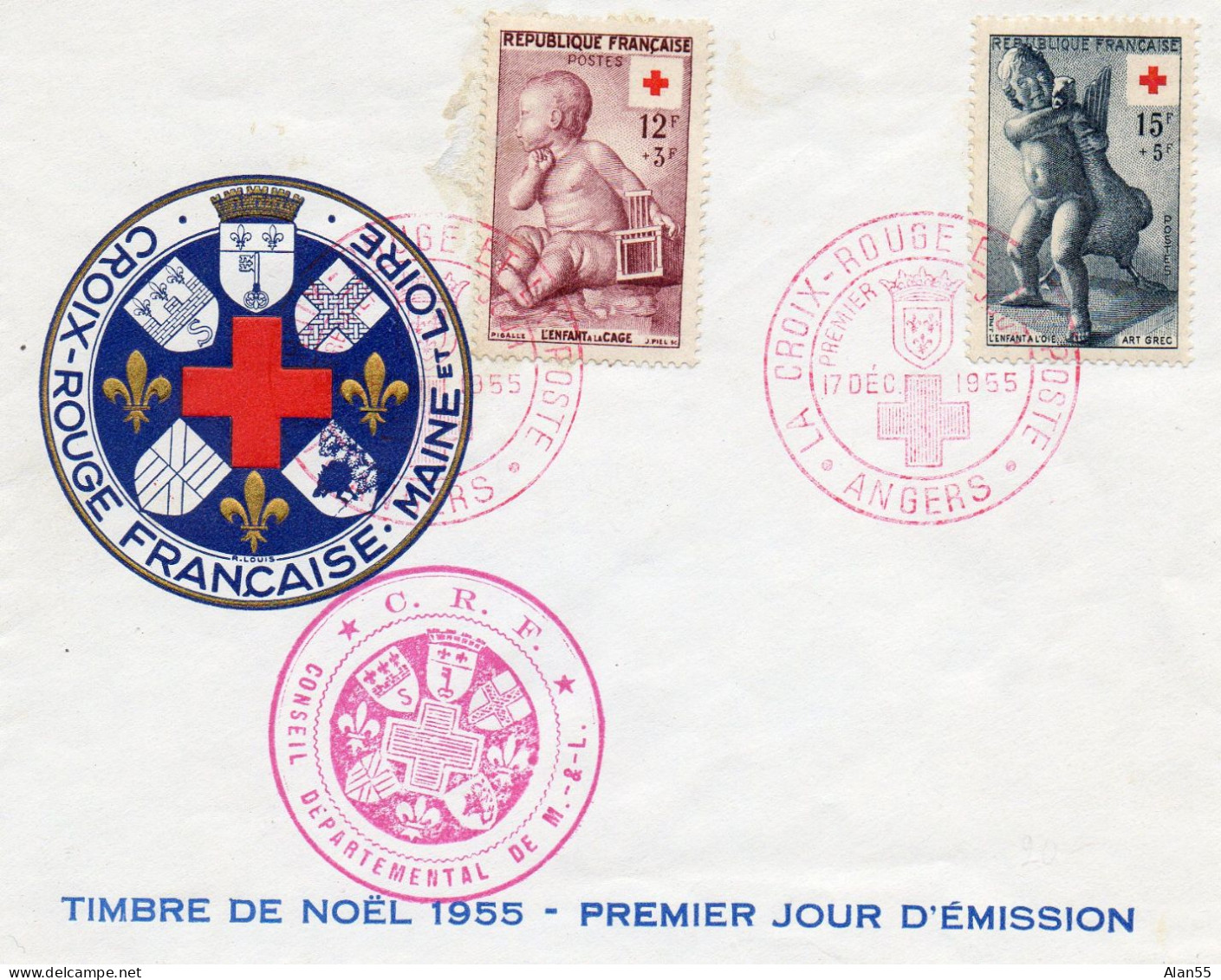 FRANCE.1955.LETTRE SÉRIE "LA CROIX-ROUGE ET LA POSTE".ANGERS.THEMES:ARTS.ENFANCE.CROIX-ROUGE. - 1950-1959