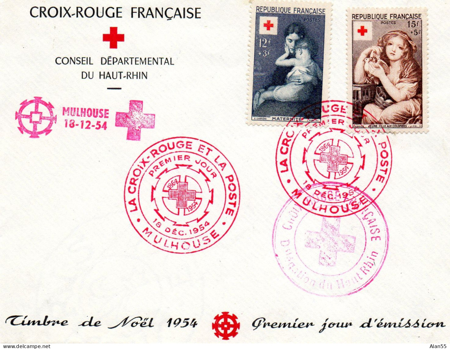 FRANCE.1954. SÉRIE Y&T 1006-1007 "LA CROIX-ROUGE ET LA POSTE".MULHOUSE.THEMES:ARTS.ENFANCE.CROIX-ROUGE. - 1950-1959