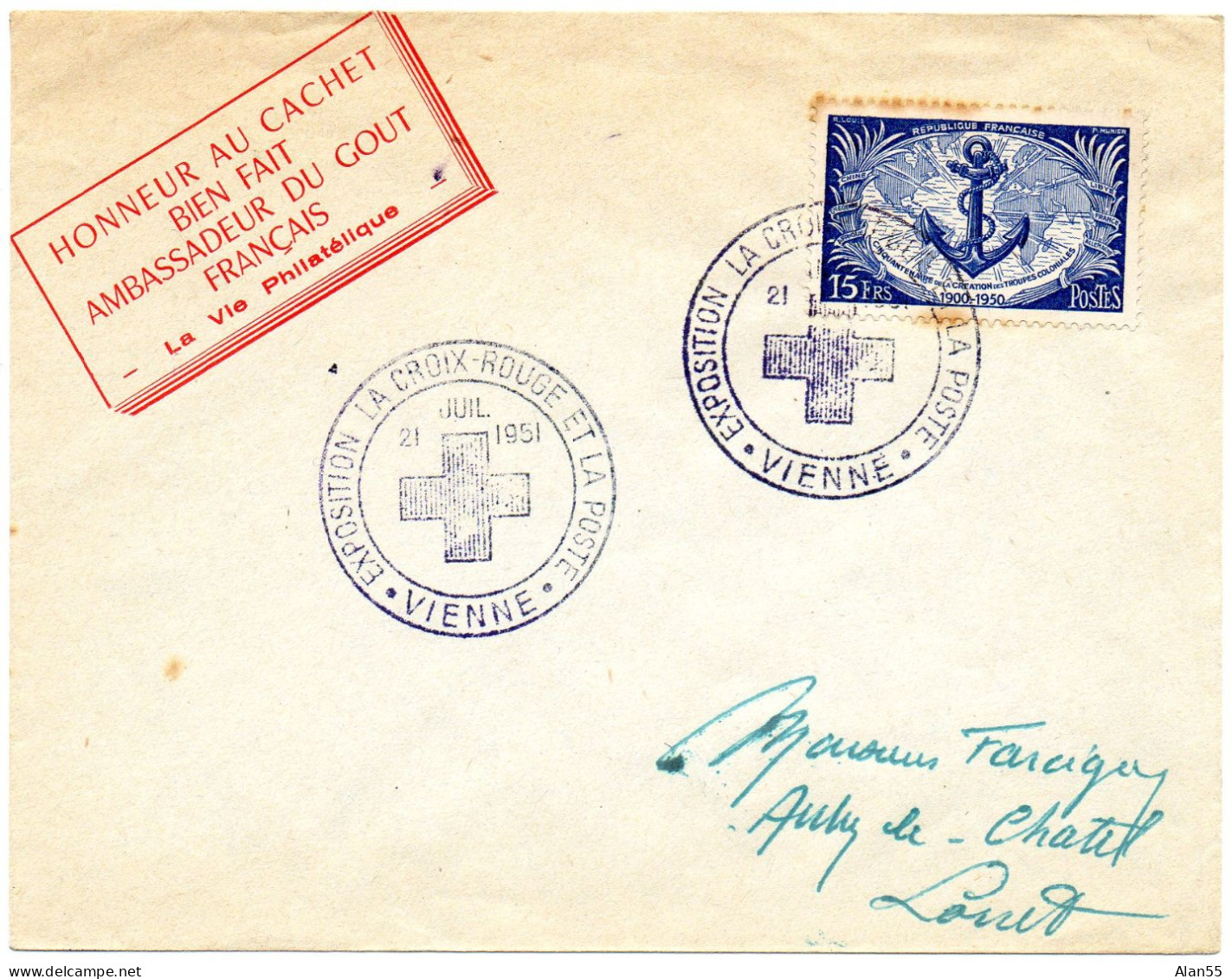 FRANCE.1951. "TROUPES COLONIALES"(seul S/lettre) .EXPOS. "LA CROIX-ROUGE ET LA POSTE-VIENNE".Y&T 889 - Cruz Roja