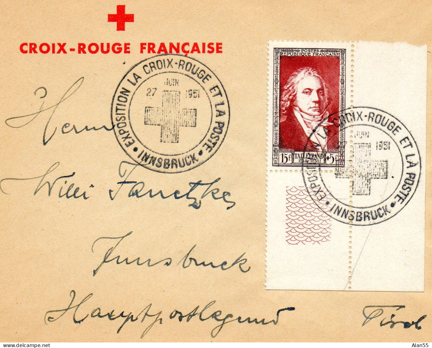 AUTRICHE.FRANCE.1951.RARE CACHET "INNSBRUCK".  "LA CROIX-ROUGE ET LA POSTE-INNSBRUCK".Y&T  895 - Cruz Roja