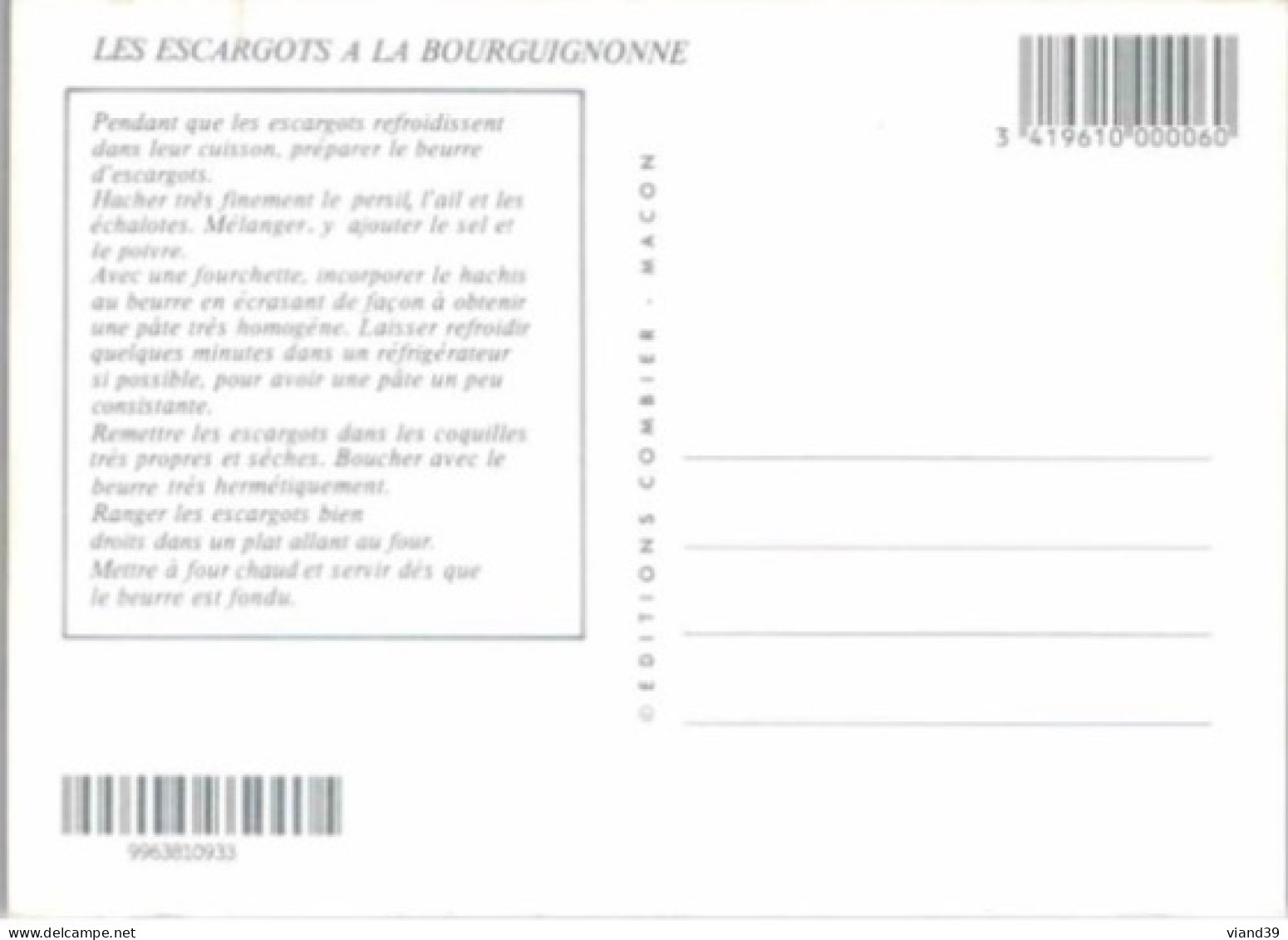 LES ESCARGOTS DE BOURGOGNE. .  -   Recettes De Cuisine  .  - CPM - Voir Scannes Recto-Verso - Recepten (kook)