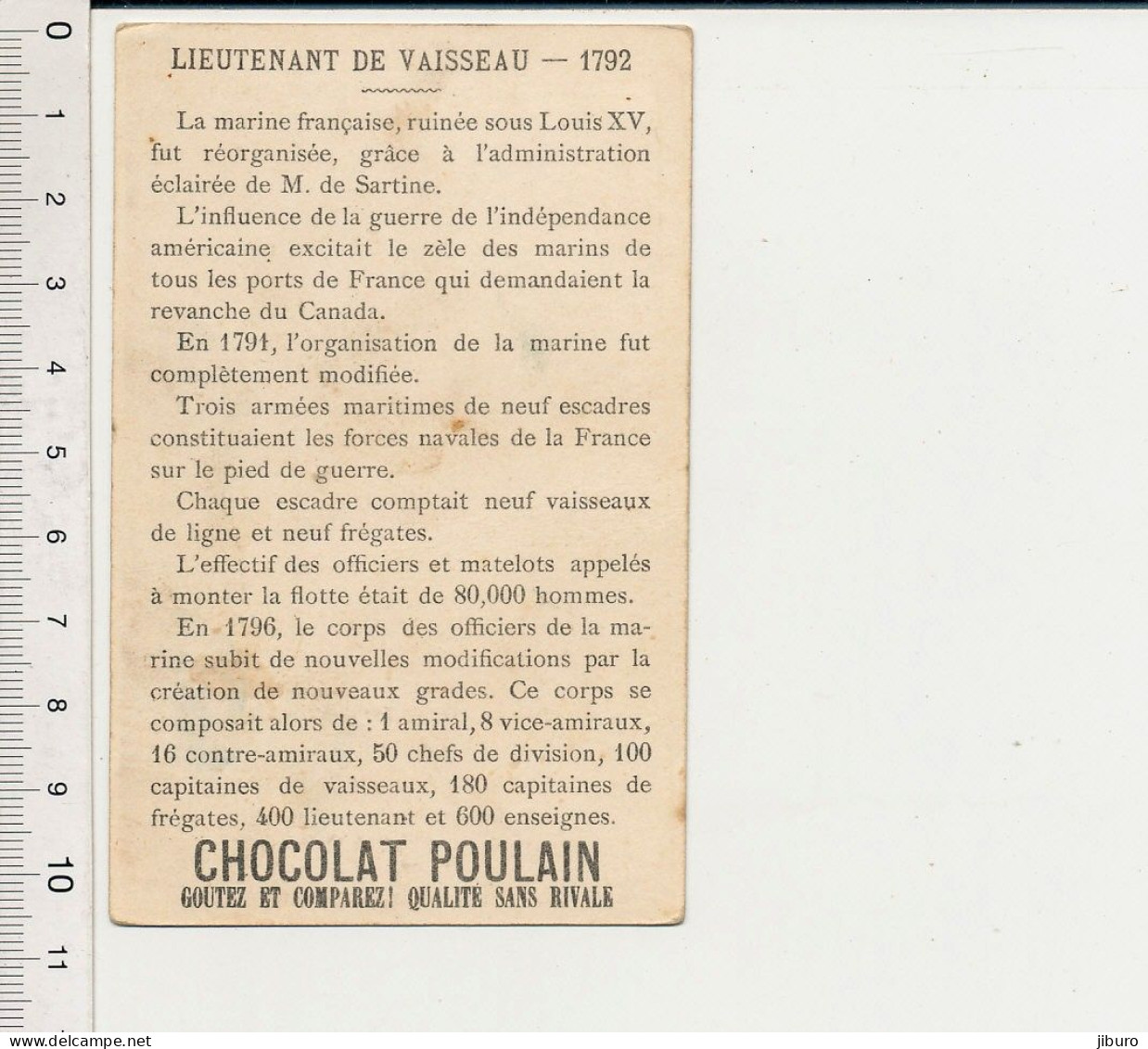 Image Chromo Ancienne Chocolat Poulain Lieutenant De Vaisseau 1792 Marine Nationale Française Marin Voilier Guerre Canon - Poulain