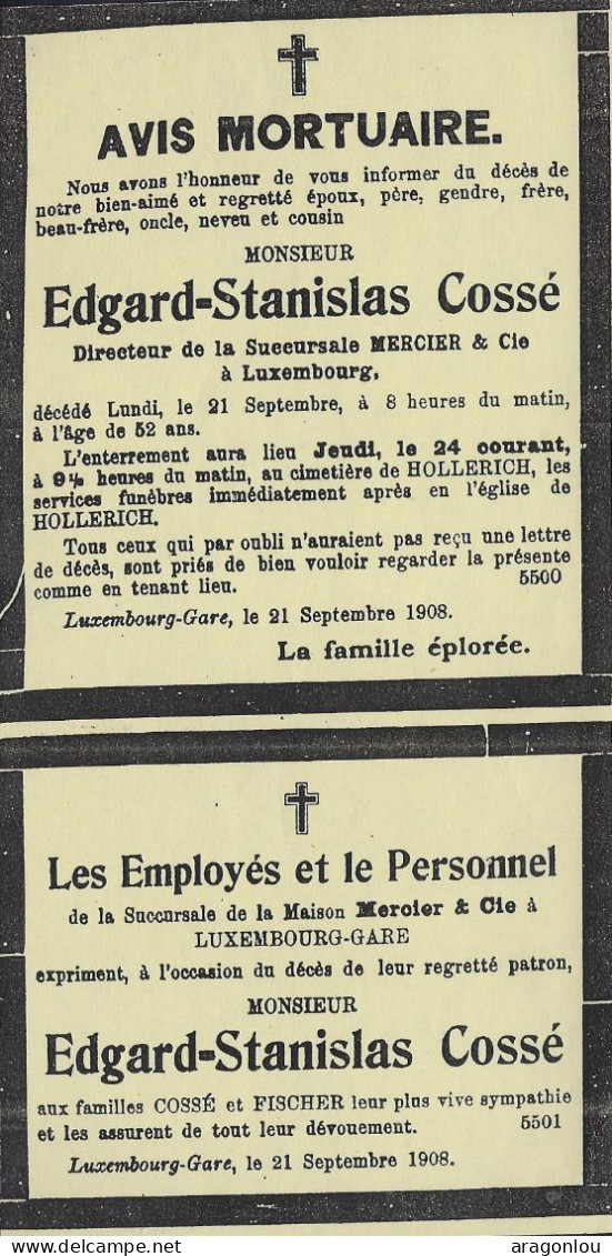 Luxembourg - Luxemburg -    AVIS MORTUAIRE , DIRECTEUR DE MERCIER & Cie   1908 - Historische Dokumente