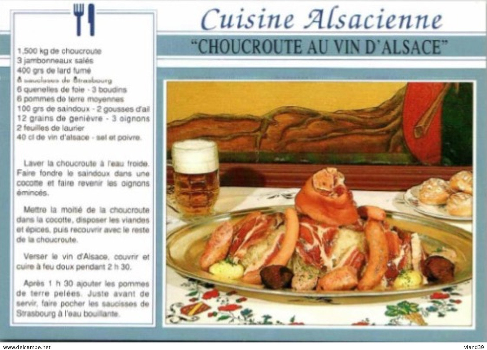 CHOUCROUTE AU VIN D'ALSACE  .  -   Recettes De Cuisine Alsace .  - CPM - Voir Scannes Recto-Verso - Recepten (kook)