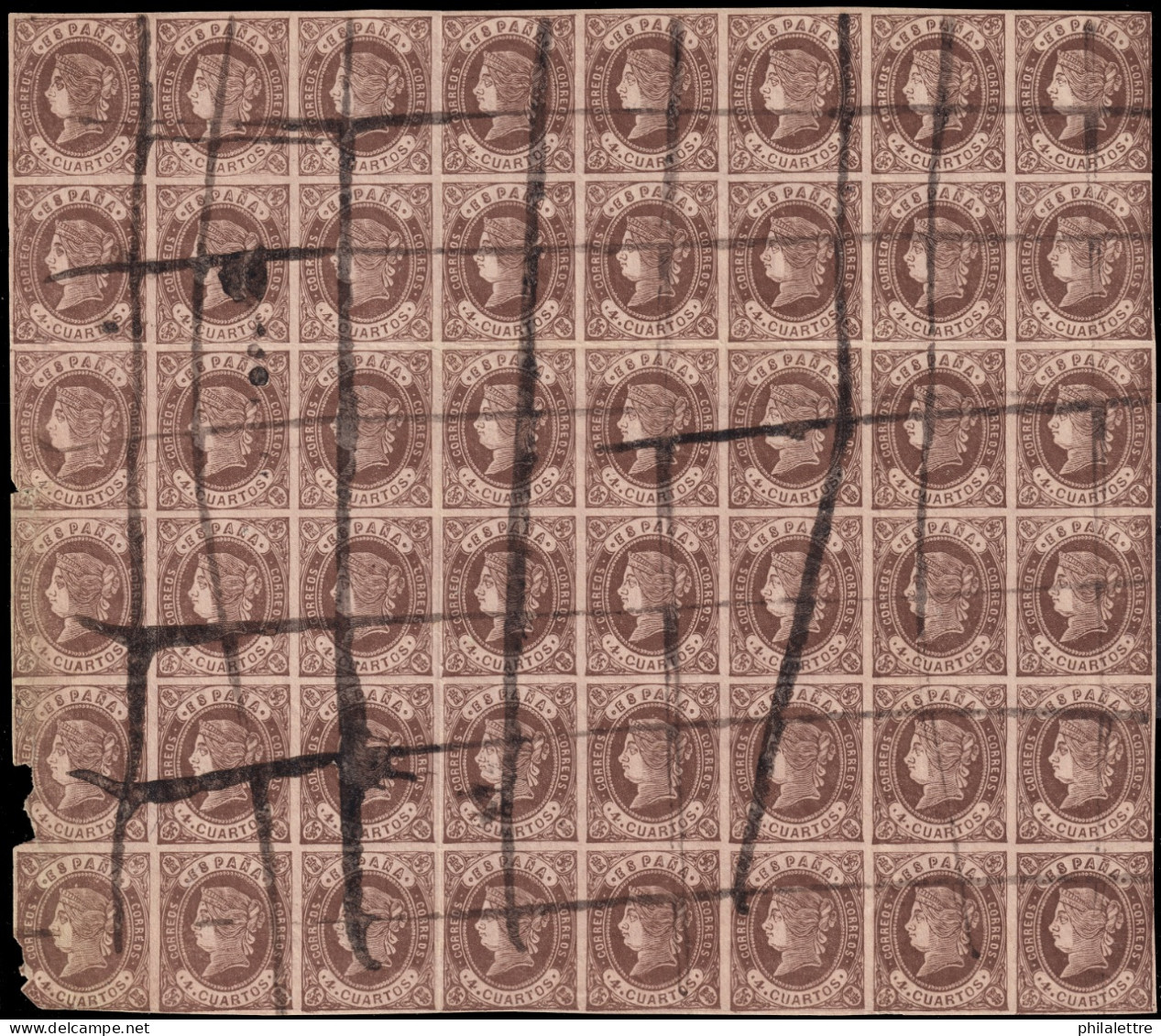 ESPAGNE / ESPAÑA - 1862 Ed.58F 4c FALSO POSTAL (Tipo 4) - Bloque De 48 Cancellados Con Rayas De Tinta Negra (c.1920€) - Oblitérés