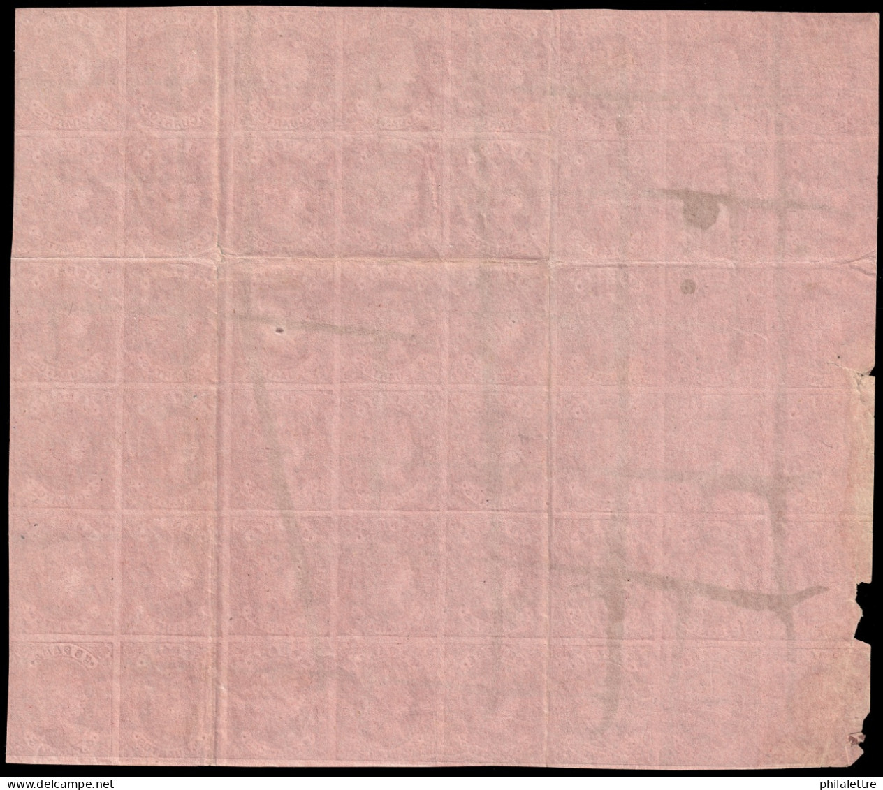 ESPAGNE / ESPAÑA - 1862 Ed.58F 4c FALSO POSTAL (Tipo 4) - Bloque De 48 Cancellados Con Rayas De Tinta Negra (c.1920€) - Used Stamps