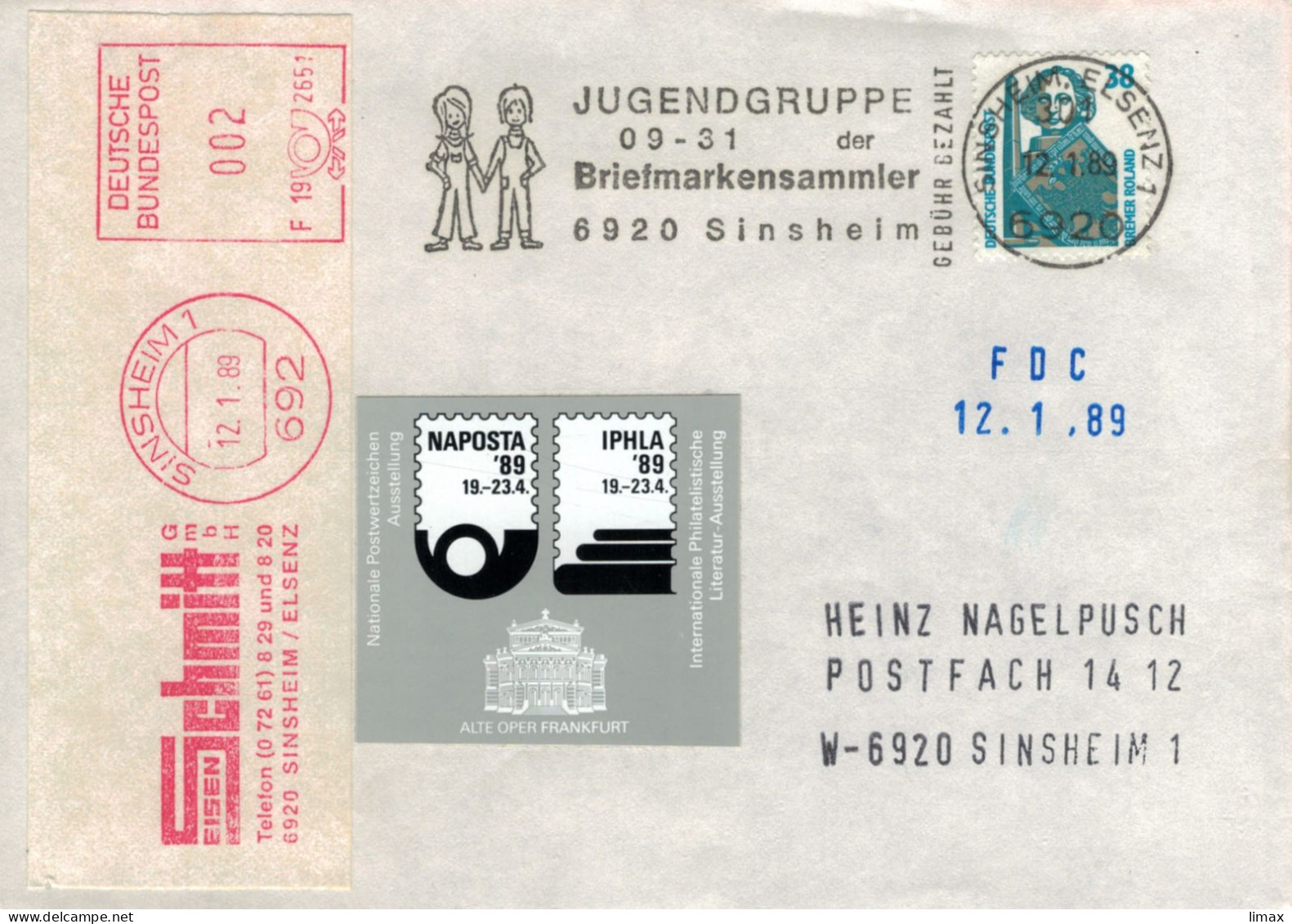 EMA Sinsheim Elsenz Jugendgruppe Briefmarkensammler - Schmitt 692 1989 - Bremer Roland - Maschinenstempel (EMA)