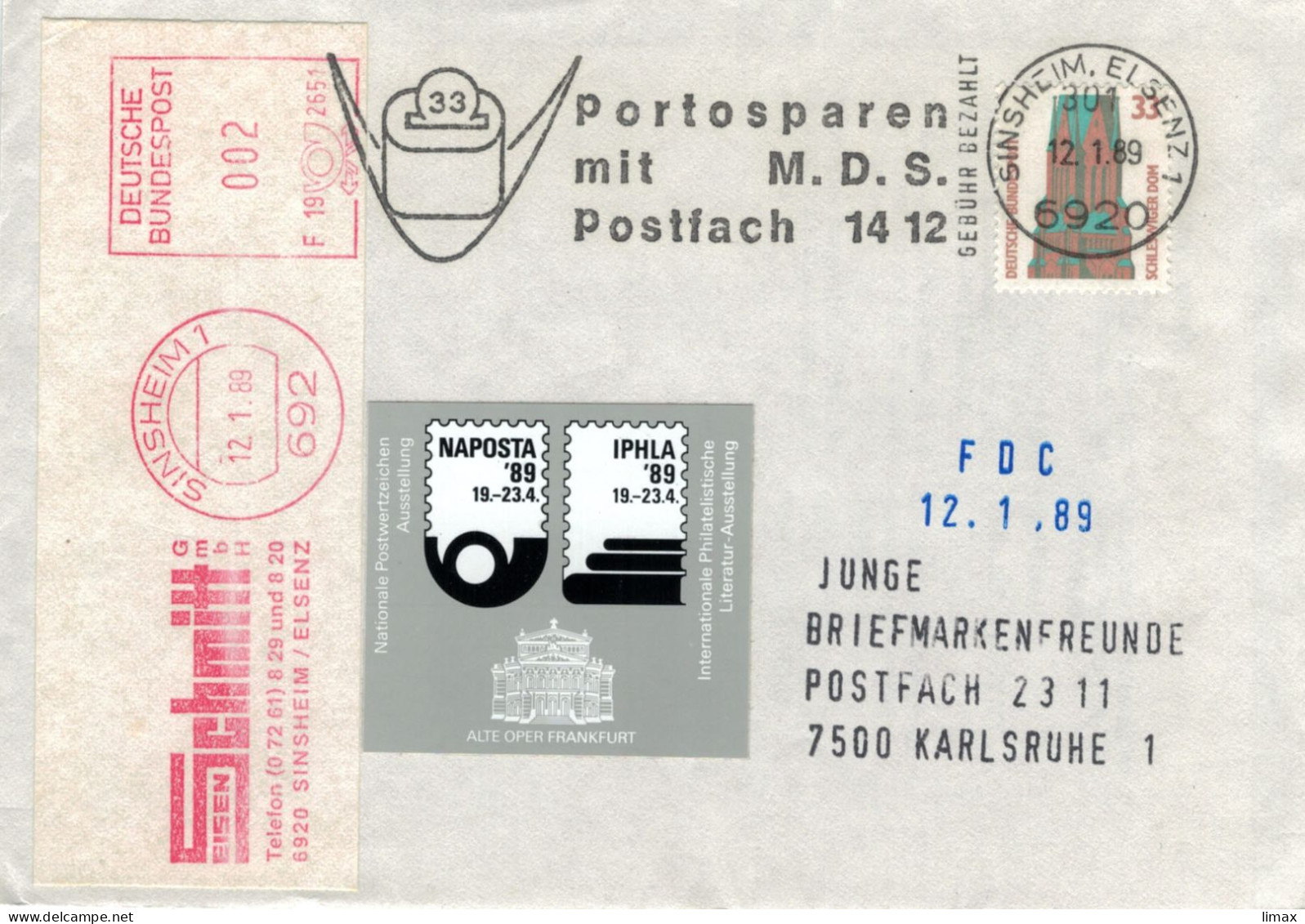 EMA Sinsheim Elsenz Portosparen Mit M.D.S.  -  Schmitt 692 1989 - Schlesiger Dom - Franking Machines (EMA)