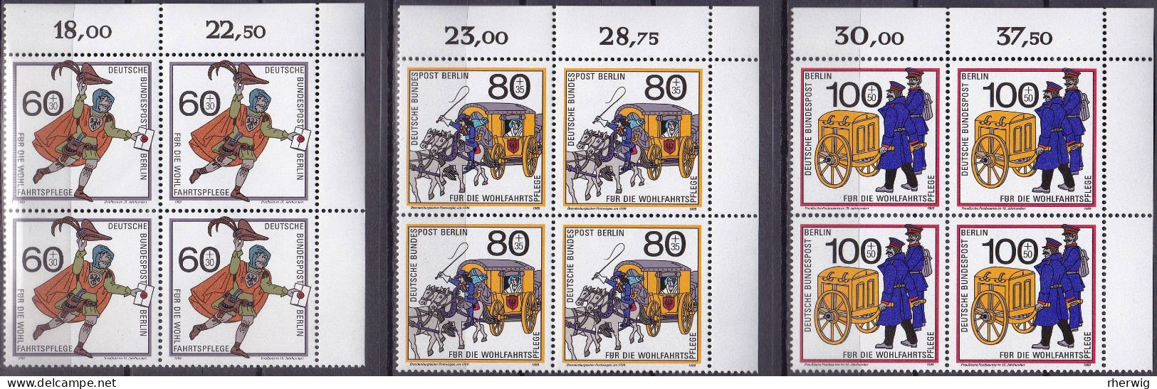 Berlin, 1989, Postbeförderung, Nr. 852-854** 3 Viererblöcke Mit Eckrand Oben Rechts - Ungebraucht