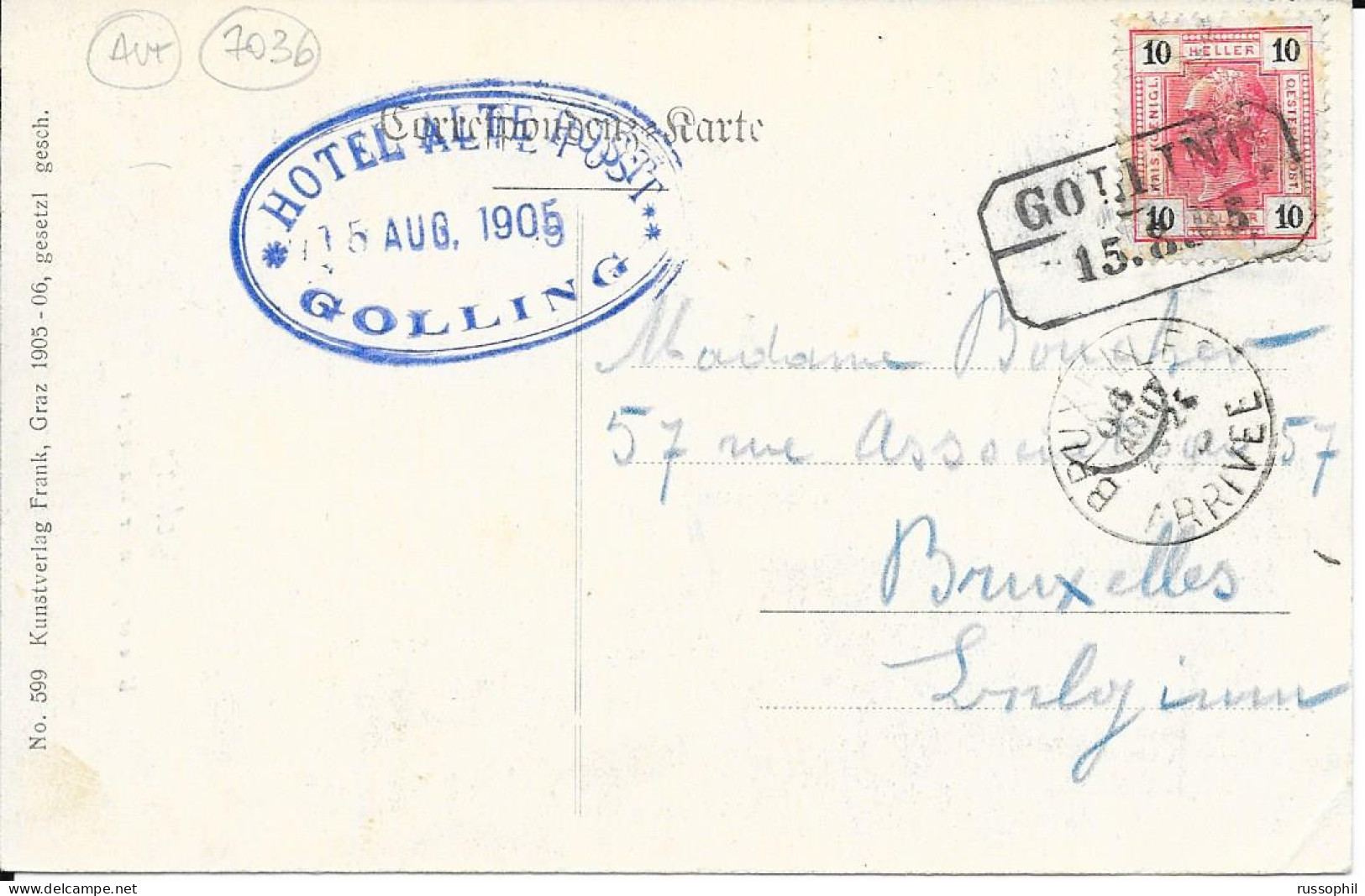 AUSTRIA - RAILWAYS STATION "GOLLING" BOXED MARK ON FRANKED PC (VIEW OF GOLLING) TO BELGIUM - 1905 - Lettres & Documents