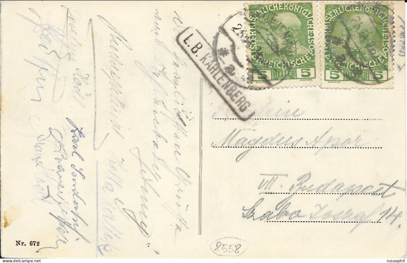 AUSTRIA - RAILWAYS STATION "L.B. KAHLENBERG" BOXED MARK ON FRANKED PC (VIEW OF KAHLENBERG) TO HUNGARY - 1916 - Lettres & Documents