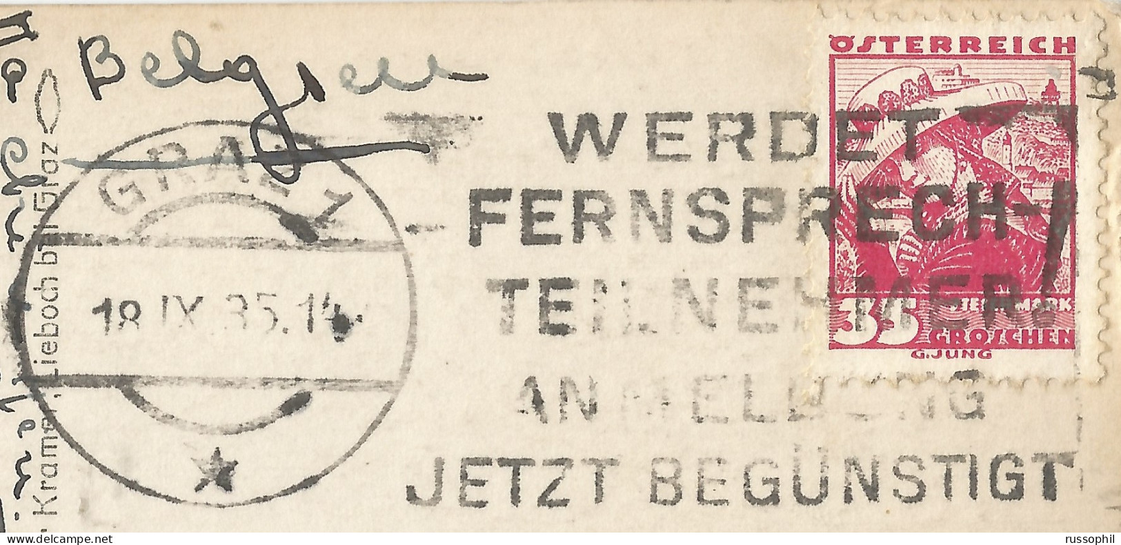 AUSTRIA - WERBESTEMPEL "GRAZ 1 / WERDET FERNSPRECH TEILNEHMER" ON FRANKED PC (Mi #578 ALONE) TO BELGIUM - 1935  - Briefe U. Dokumente