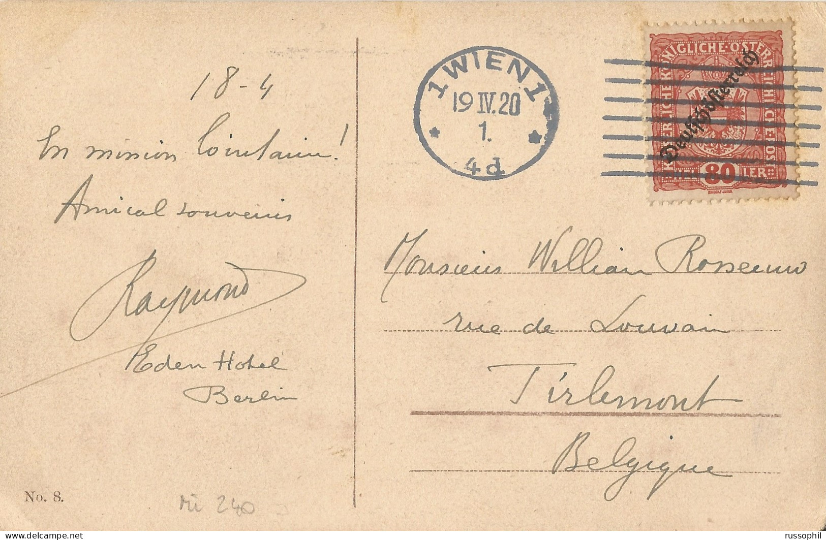 AUSTRIA - 80 HELLER FRANKING (Mi #240 ALONE) ON PC (VIEW OF WIEN) FROM VIENNA TO BELGIUM - 1920 - Briefe U. Dokumente