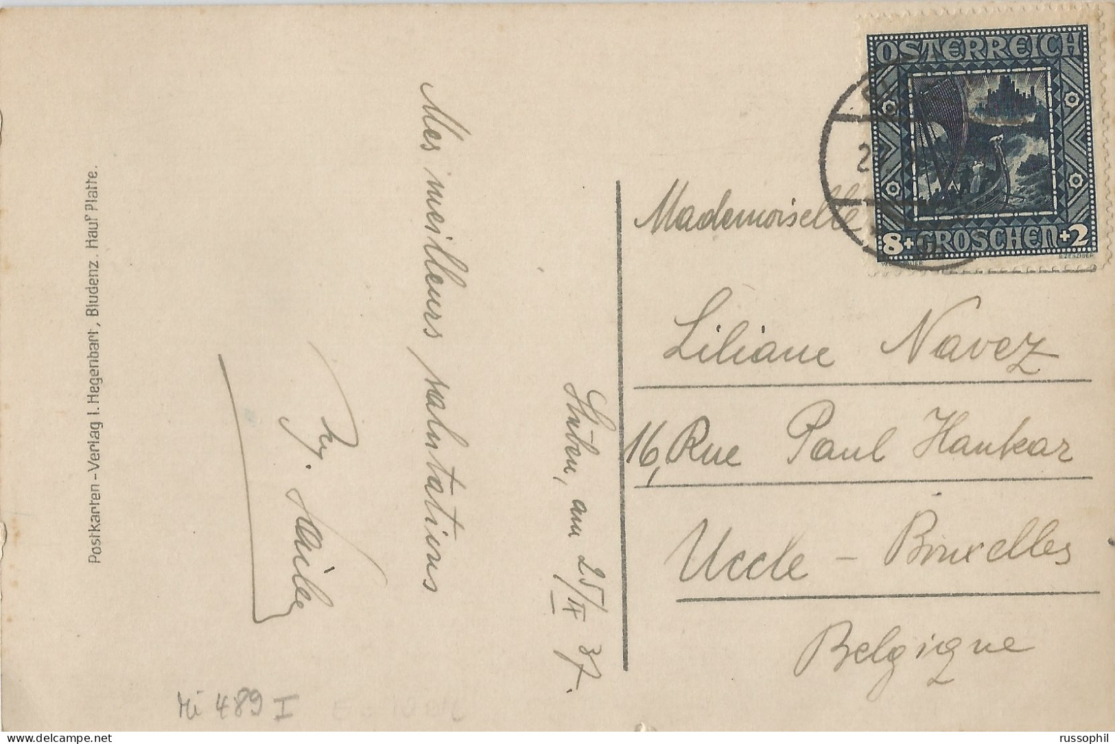 AUSTRIA - 8 GROSCHEN FRANKING (Mi #489I ALONE) ON PC (VIEW OF STUBEN) FROM STUBEN TO BELGIUM - 1937 - Lettres & Documents