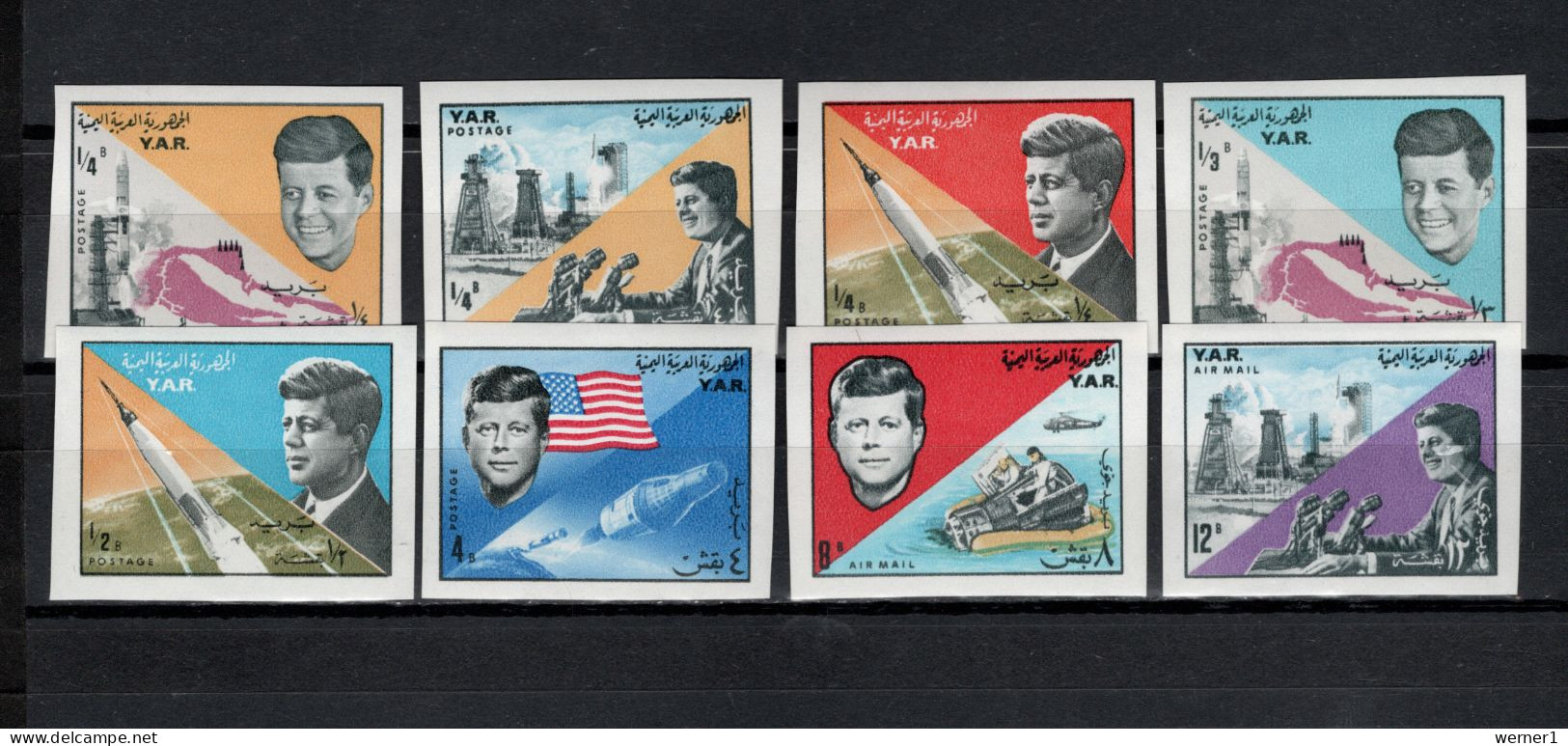 Yemen Arab Republic 1965 Space, JFK Kennedy Set Of 8 Imperf. MNH - Asien