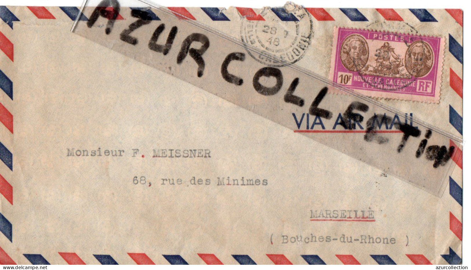 LETTRE NOUVELLE CALEDONIE . TIMBRE 10FRS POUR MARSEILLE - 1921-1960: Modern Period