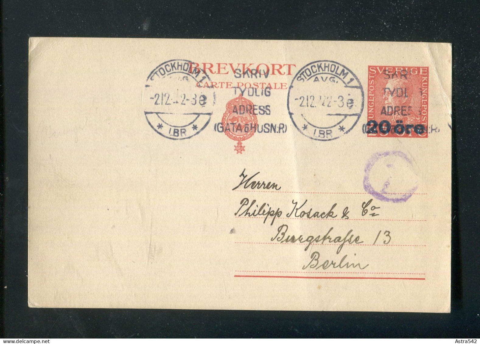 "SCHWEDEN" 1922, Postkarte Mi. P 47 Stempel "STOCKHOLM" Nach Berlin (A1132) - Ganzsachen