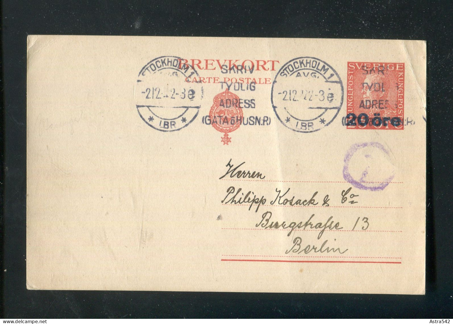 "SCHWEDEN" 1922, Postkarte Mi. P 47 Stempel "STOCKHOLM" Nach Berlin (A1132) - Postal Stationery