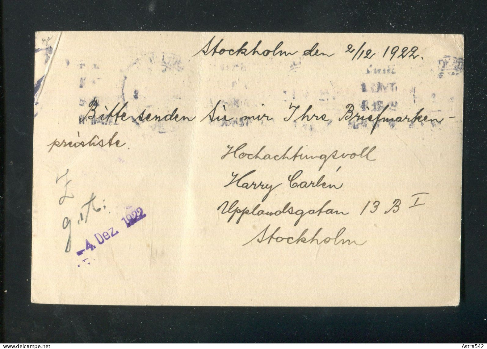 "SCHWEDEN" 1922, Postkarte Mi. P 47 Stempel "STOCKHOLM" Nach Berlin (A1132) - Entiers Postaux