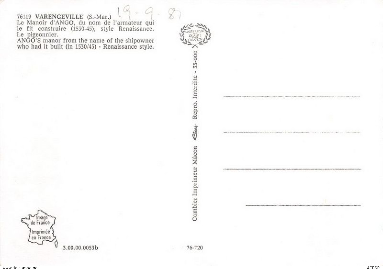 VARENGEVILLE Le Manoir D Ango Du Nom De L Armateur Qui Le Fit Construire 14(scan Recto-verso) MA1927 - Varengeville Sur Mer