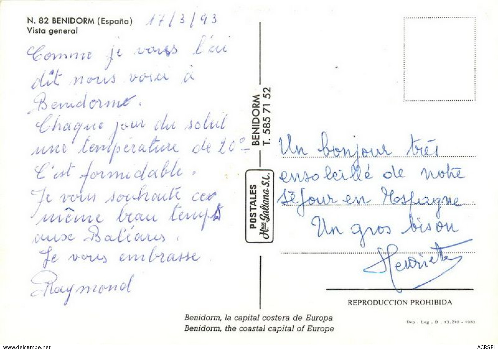 ALICANTE  BENIDORM   Vista General  Comarque De La Marina Baixa  Costa Blanca  23 (scan Recto-verso)MA1934Ter - Alicante