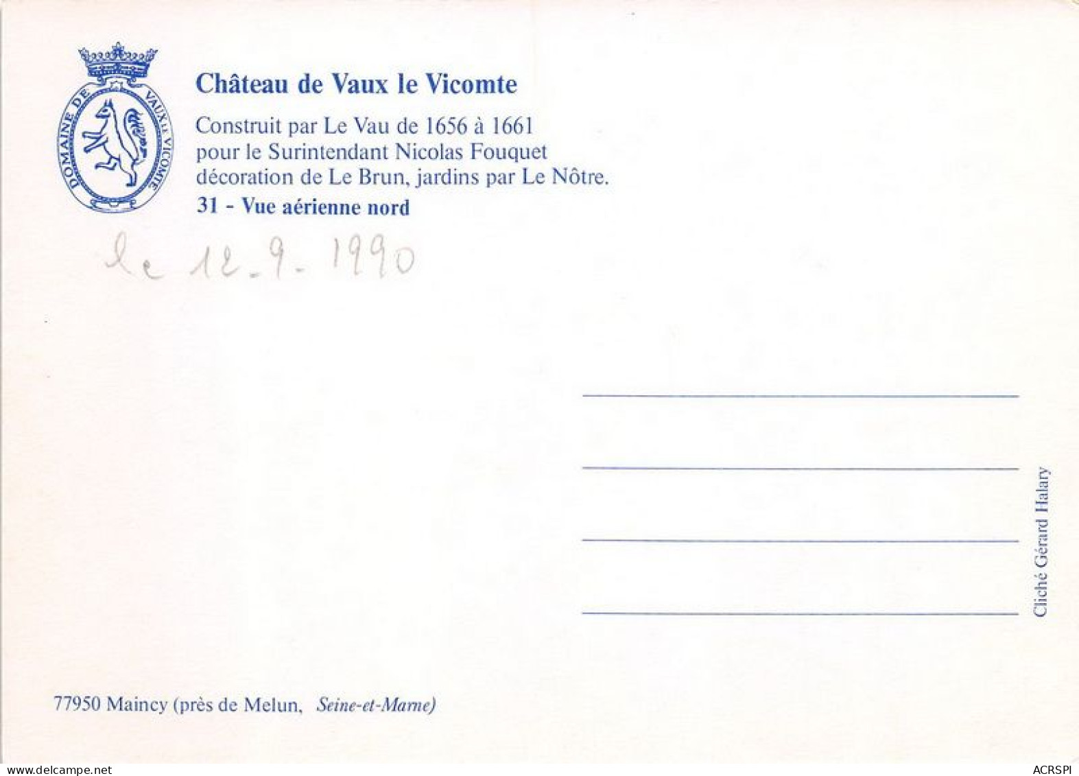 CHATEAU DE VAUX LE VICOMTE Construit Par Le Vau Vue Aerienne Nord 22(scan Recto-verso) MA1934 - Vaux Le Vicomte