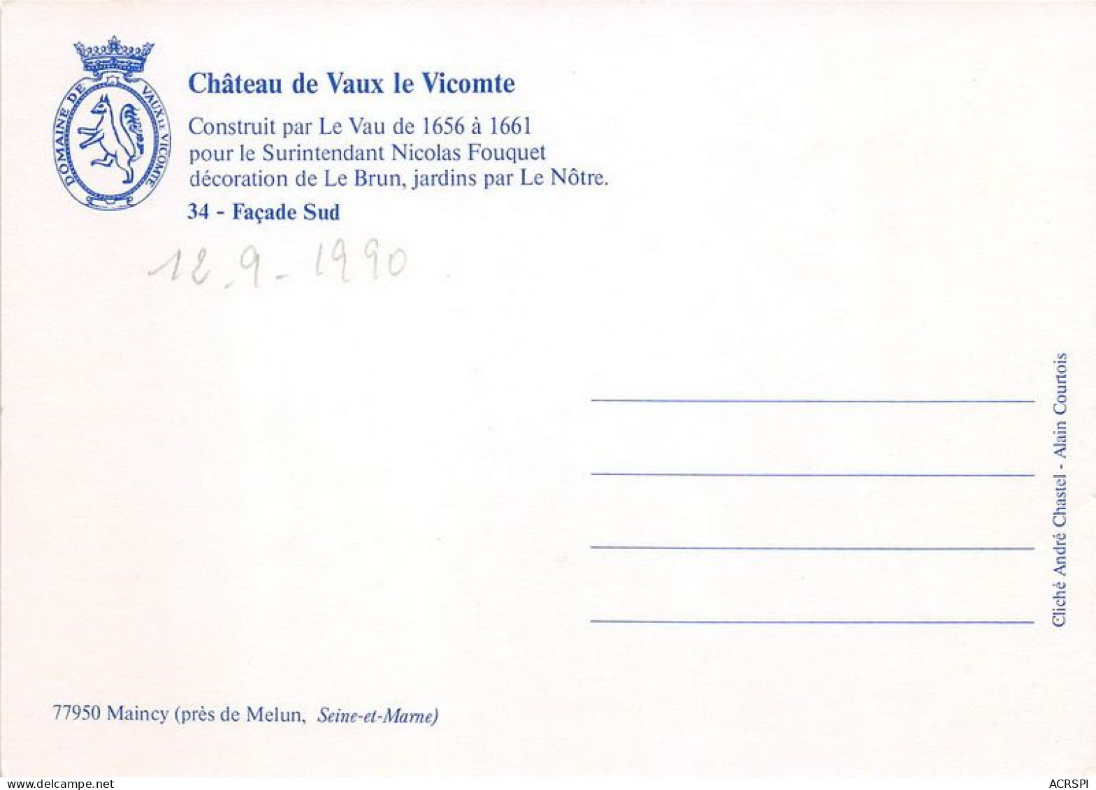 CHATEAU DE VAUX LE VICOMTE Construit Par Le Vau Facade Sud 21(scan Recto-verso) MA1934 - Vaux Le Vicomte