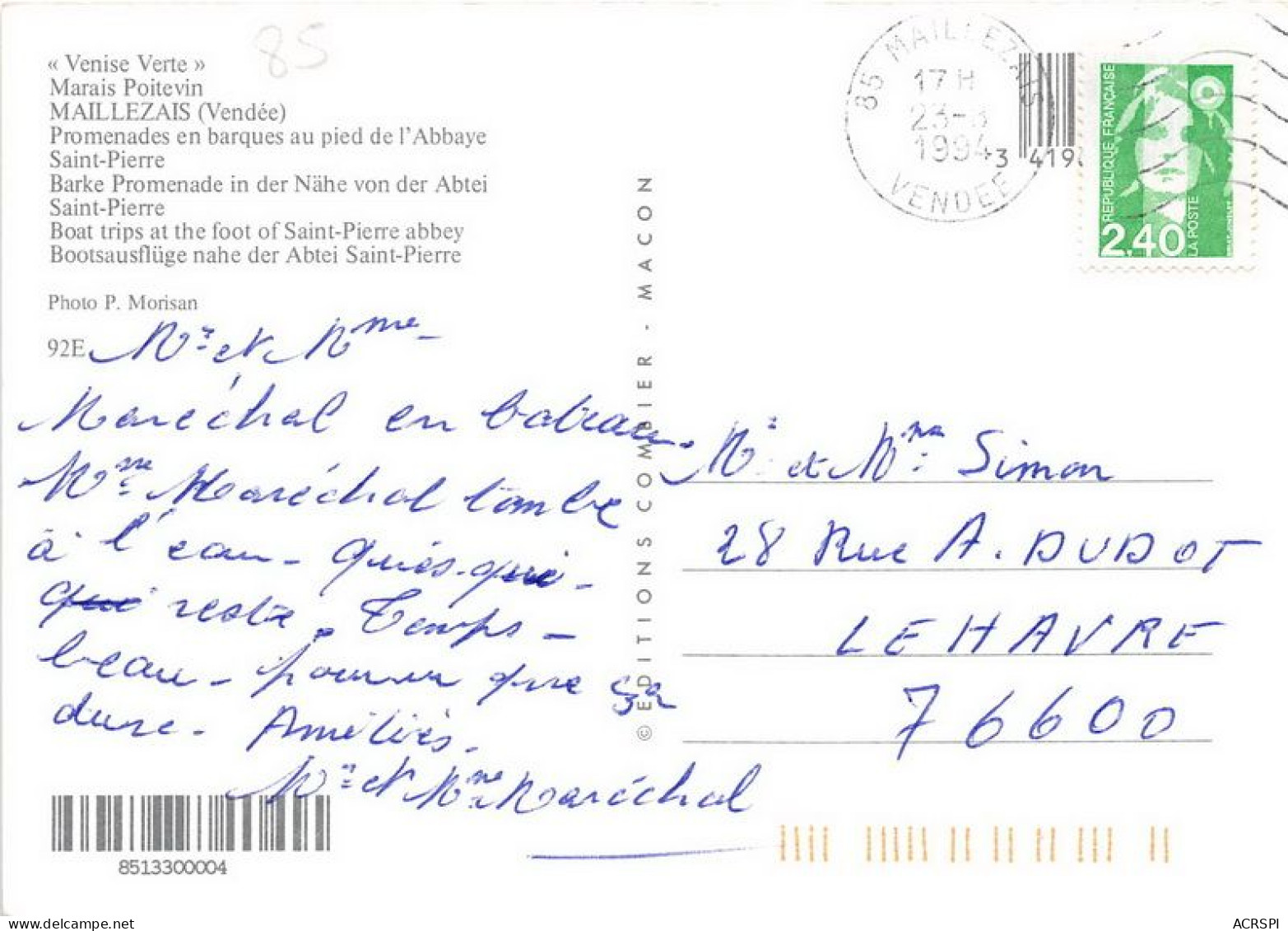 MAILLEZAIS Promenades En Barques Au Pied De L Abbaye Saint Pierre 17(scan Recto-verso) MA1951 - Maillezais