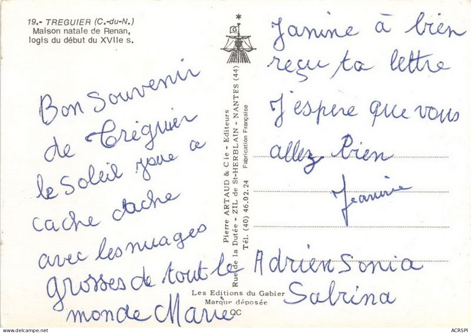 TREGUIER Maison Natale De Renan Logis Du Debut Du XVIIe S 11(scan Recto-verso) MA1950 - Tréguier