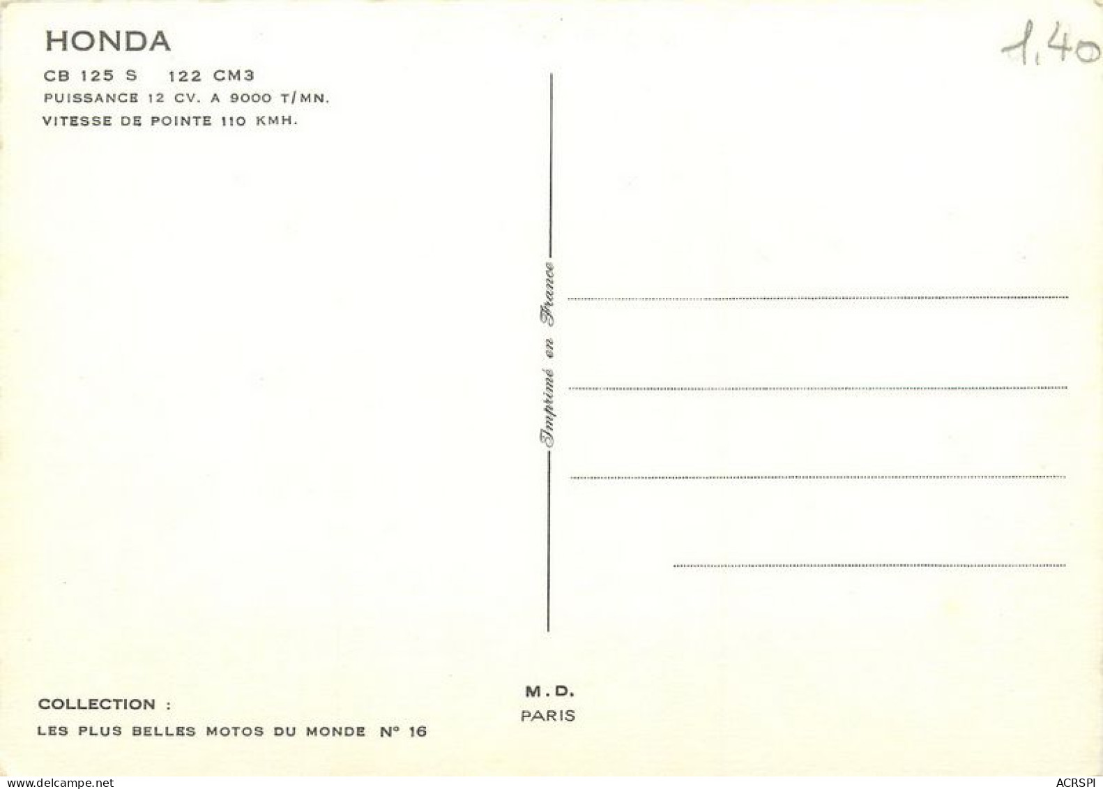 Moto  HONDA CB  125 S Motorcycle  46  (scan Recto-verso)MA1955Bis - Motos