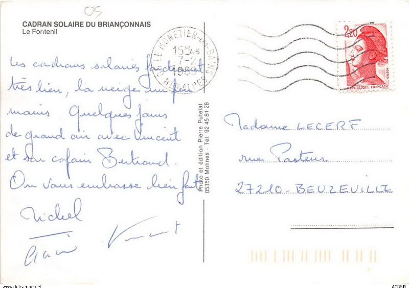 CADRAN SOLAIRE DU BRIANCONNAIS Le Fontenil 26(scan Recto-verso) MA1973 - Briancon