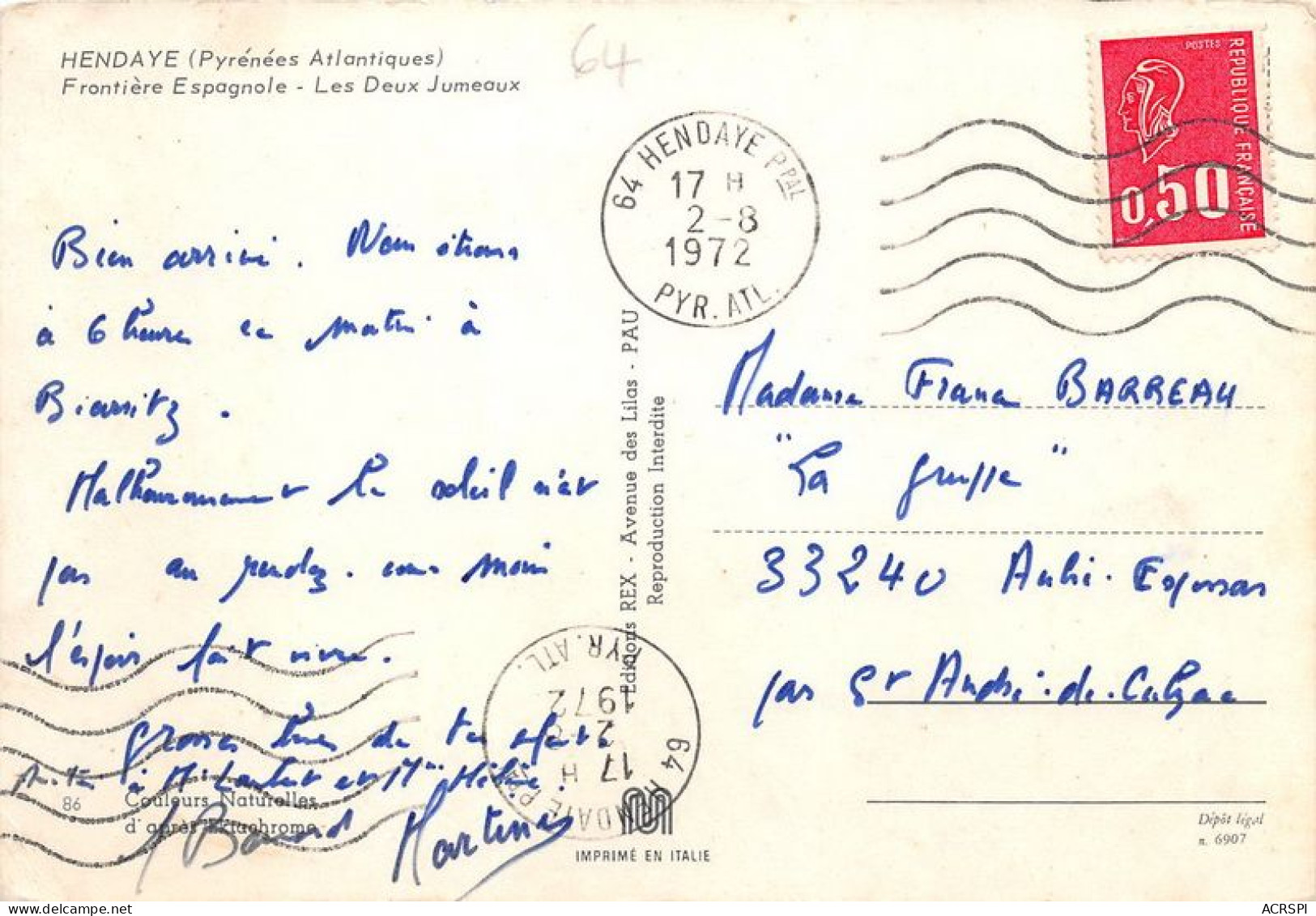 HENDAYE Frontiere Espagnole Les Deux Jumeaux 27(scan Recto-verso) MA1971 - Hendaye