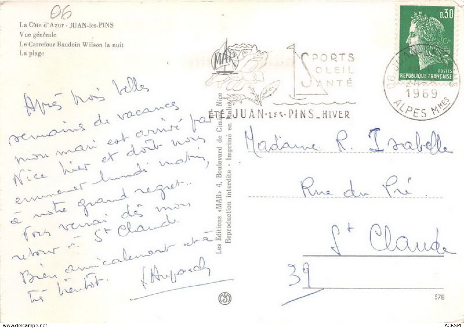 Juan Les Pins 1vue Generale Le Carrefour Baudoin Wilson La Nuit La Plage 5(scan Recto-verso) MA1970 - Juan-les-Pins