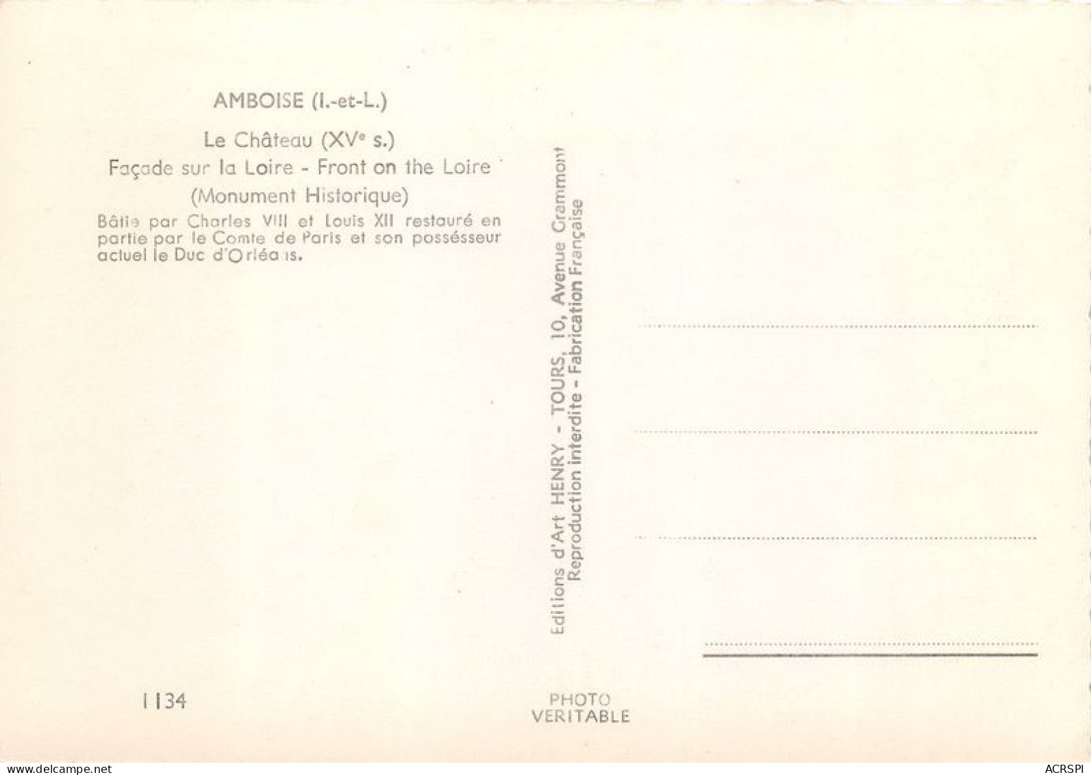 AMBOISE Le Chateau Facade Sur La Loire 17(scan Recto-verso) MA1986 - Amboise