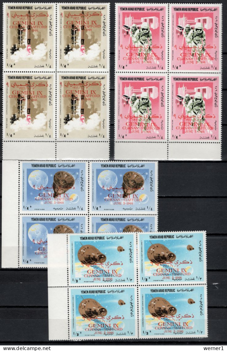 Yemen Arab Republic 1966 Space, Gemini 9, Set Of 8 In Blk Of 4 With Red Overprint "GEMINI IX CERNAN STAFFORD ..." MNH - Asia